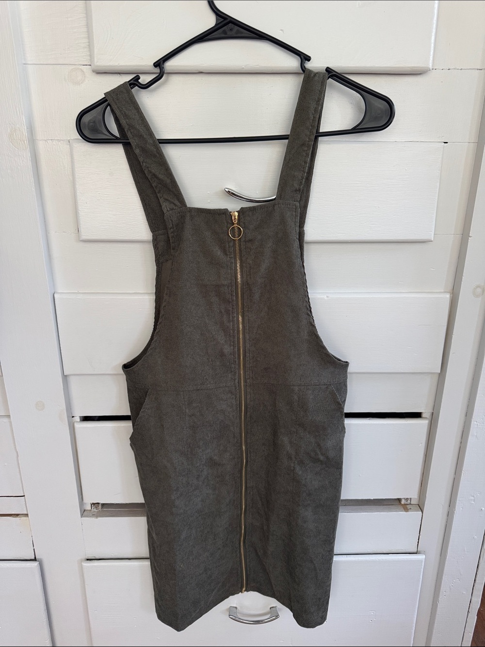 Front-Zip Olive Green Pinafore Dress